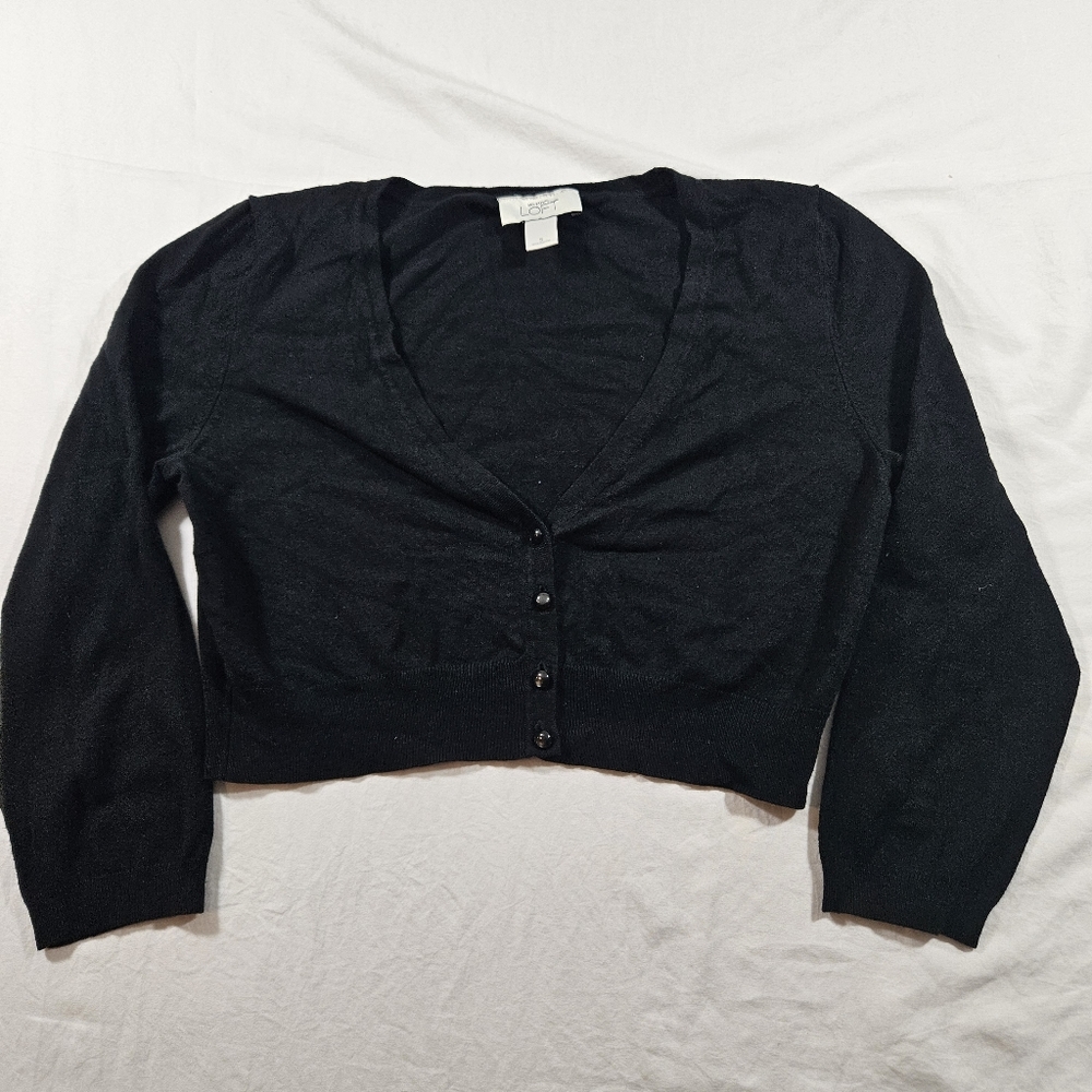 Loft Cardigan Womens Black Small Pearl Snap Buttons V-Neck Cropped Cardigan